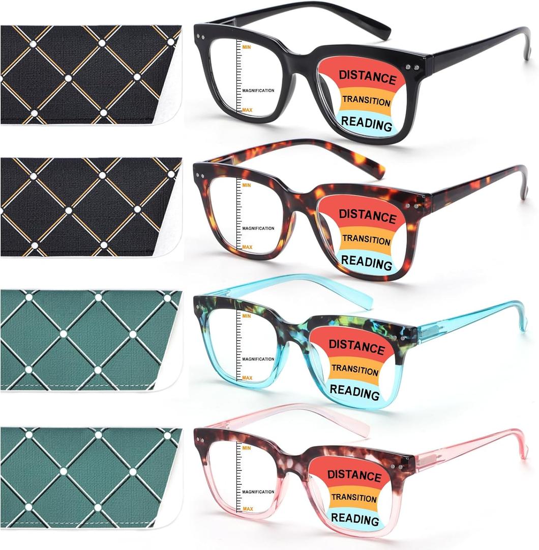 Progressive Multifocus Reading Glasses for Women Men Blue Light Blocking Spring Hinge Square Computer Readers (4 Pack Mixed C)