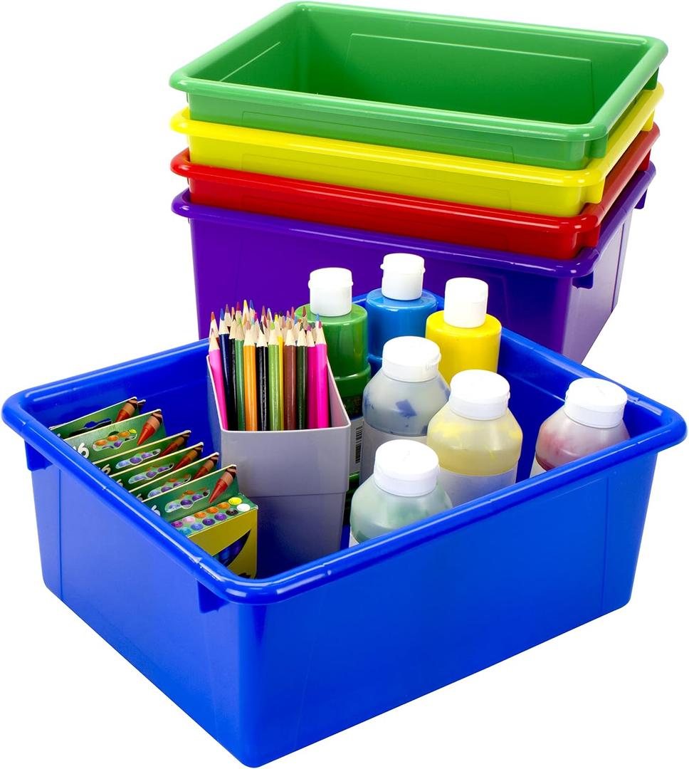 Storex Letter Size Deep Storage Tray Organizer Bin for Classroom, Office and Home, Assorted Colors, 5-Pack (62530U05C)