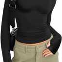 Fisoew Womens Long Sleeve T Shirts Crew Neck Basic Fall Fitted Tops Running Yoga Athletic Shirts with Thumb Hole (Black)