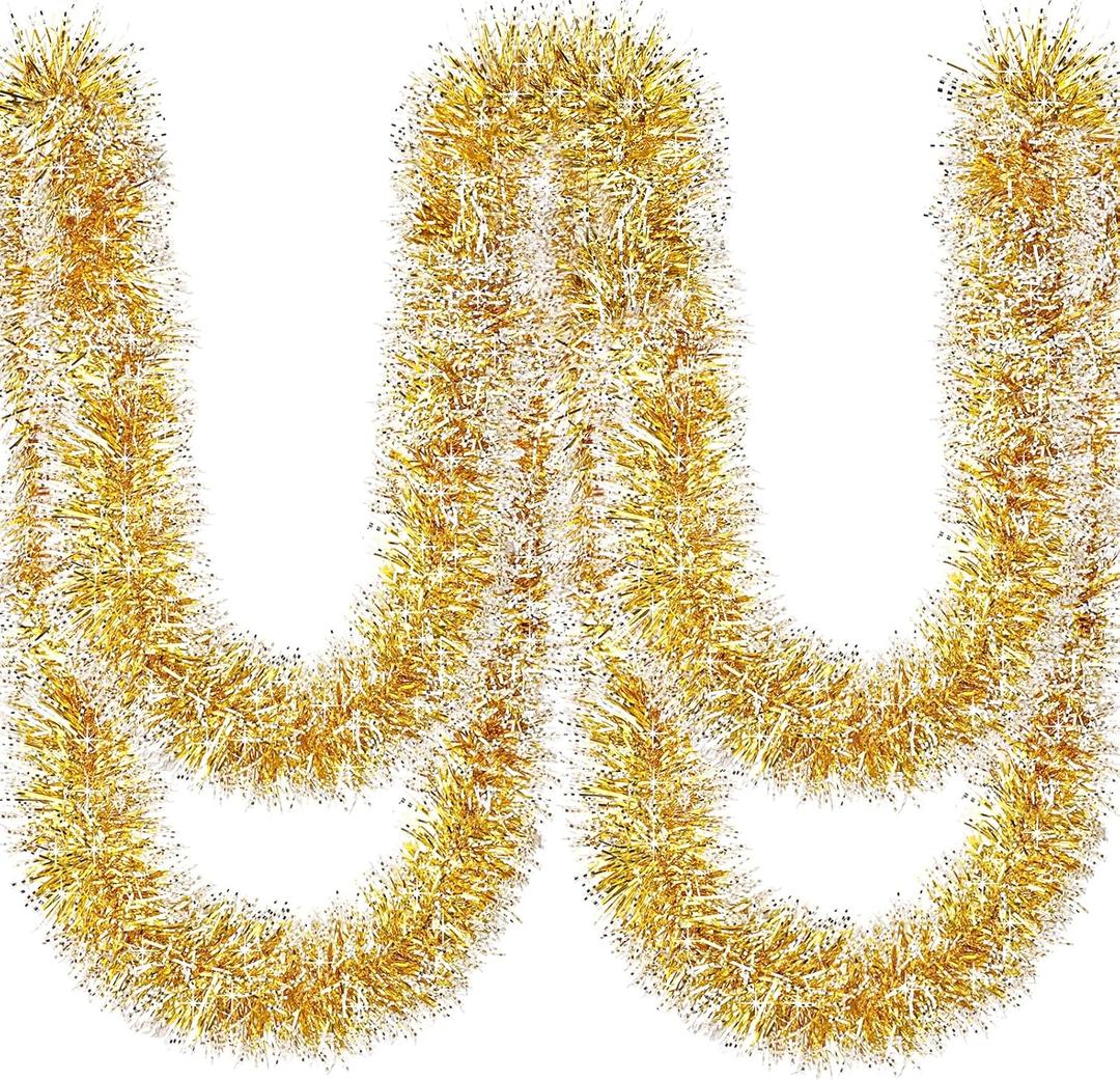 50Ft Christmas Gold and Silver Tinsel Garland Metallic Twist Shiny Garland for Xmas Christmas Tree Ceiling Hanging Decorations Holiday Wedding Home Party Supplies Indoor Outdoor Decor