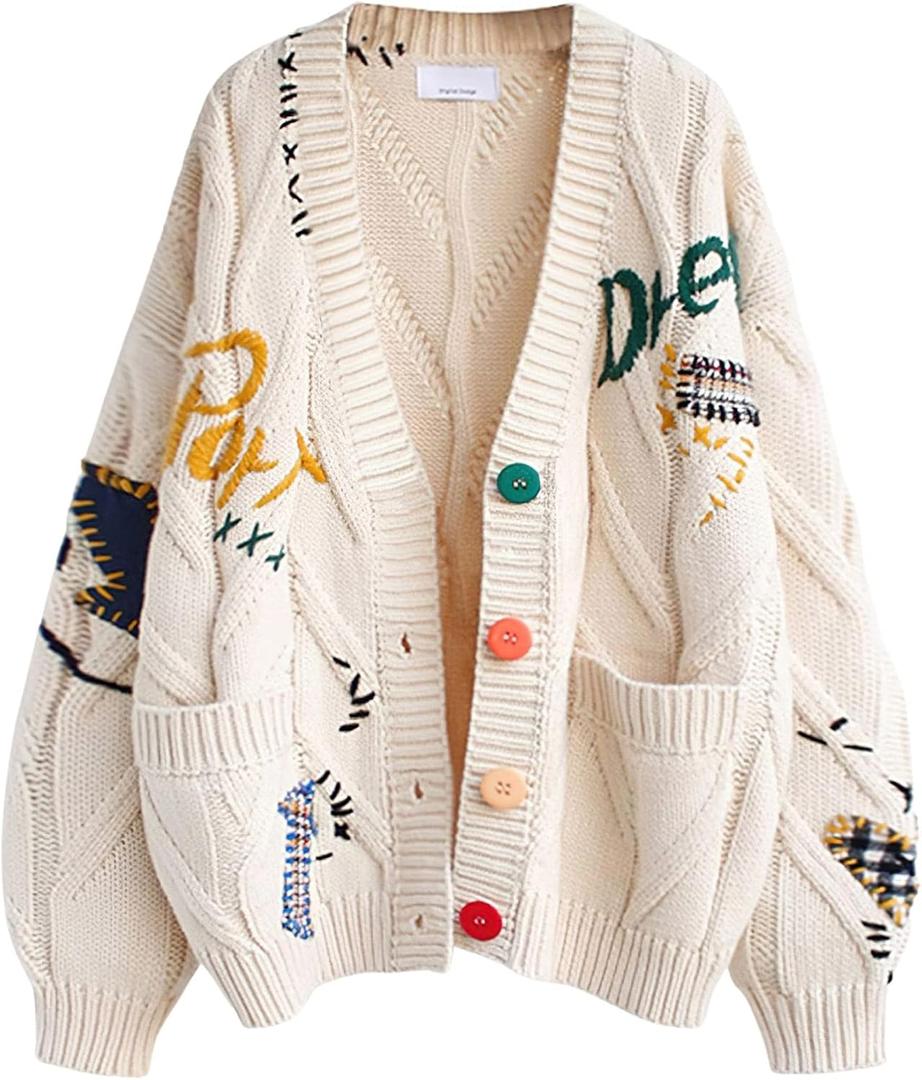 Women's Cable Knit Long Sleeve Open Front Cardigan Sheep V-Neck Button Down Embroidery Wool Blend Sweater Coat Outwear (Medium, Beige)