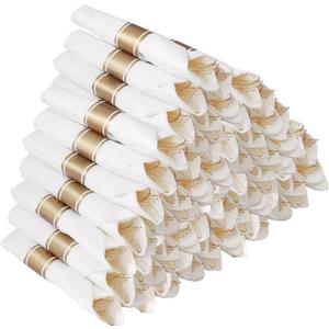 Goodluck 50 Pack Pre Rolled Gold Glitter Plastic Silverware, Wrapped Cutlery Set with Napkin Include 50 Forks, 50 Knives, 50 Spoons and 50 Napkins, Fancy Disposable Silverware for Party, Wedding