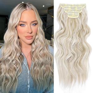 Synthetic Clip in Hair Extensions for Women 20 Inch 5Pcs Long Wavy Curly Ash Blonde Highlight Hair Extensions Clip ins Full Head Synthetic Hair Extension for Women