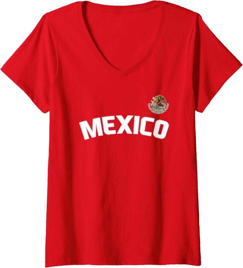 Womens Mexico Flag Mexican Pride International Country V-Neck T-Shirt (Small, Red)