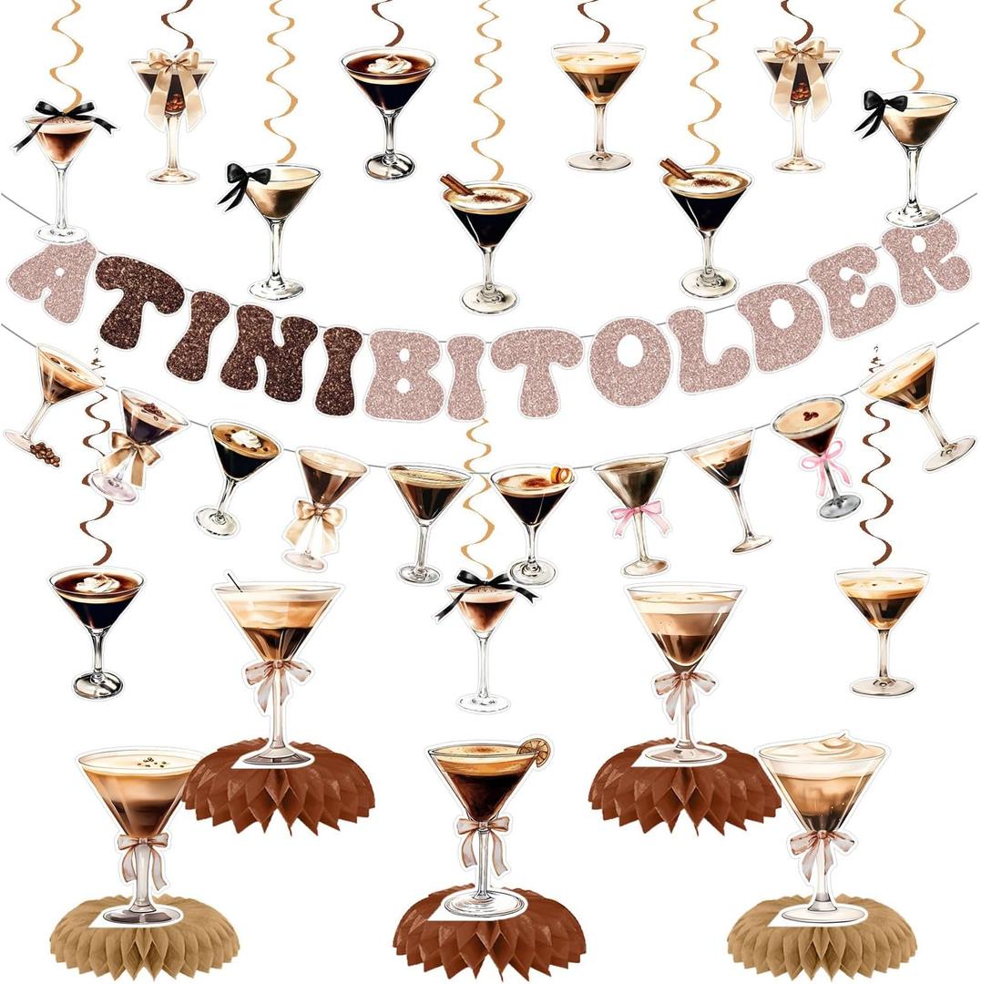 Espresso Martini Party Decorations Gold Brown Birthday Party Decor Supplies Includes Happy Birthday Banner A Tini Bit Older Hanging Swirls for Martini-Themed Honeycomb Centerpiece