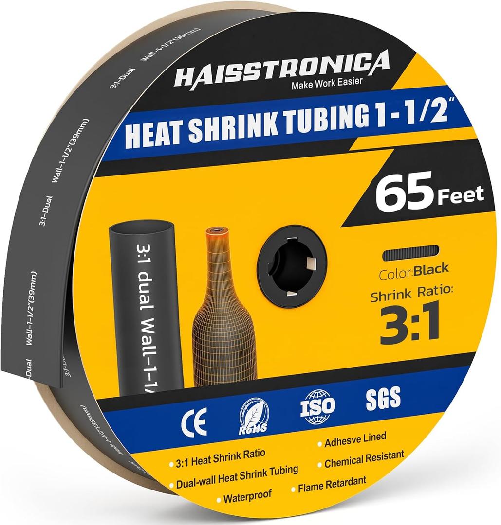 haisstronica 3:1 Heat Shrink Tubing, Shrink Ratio Adhesive Lined Marine Grade Heat Shrink Tube for Home, Automotive and Industrial (Black) 65FT 1-1/2inch