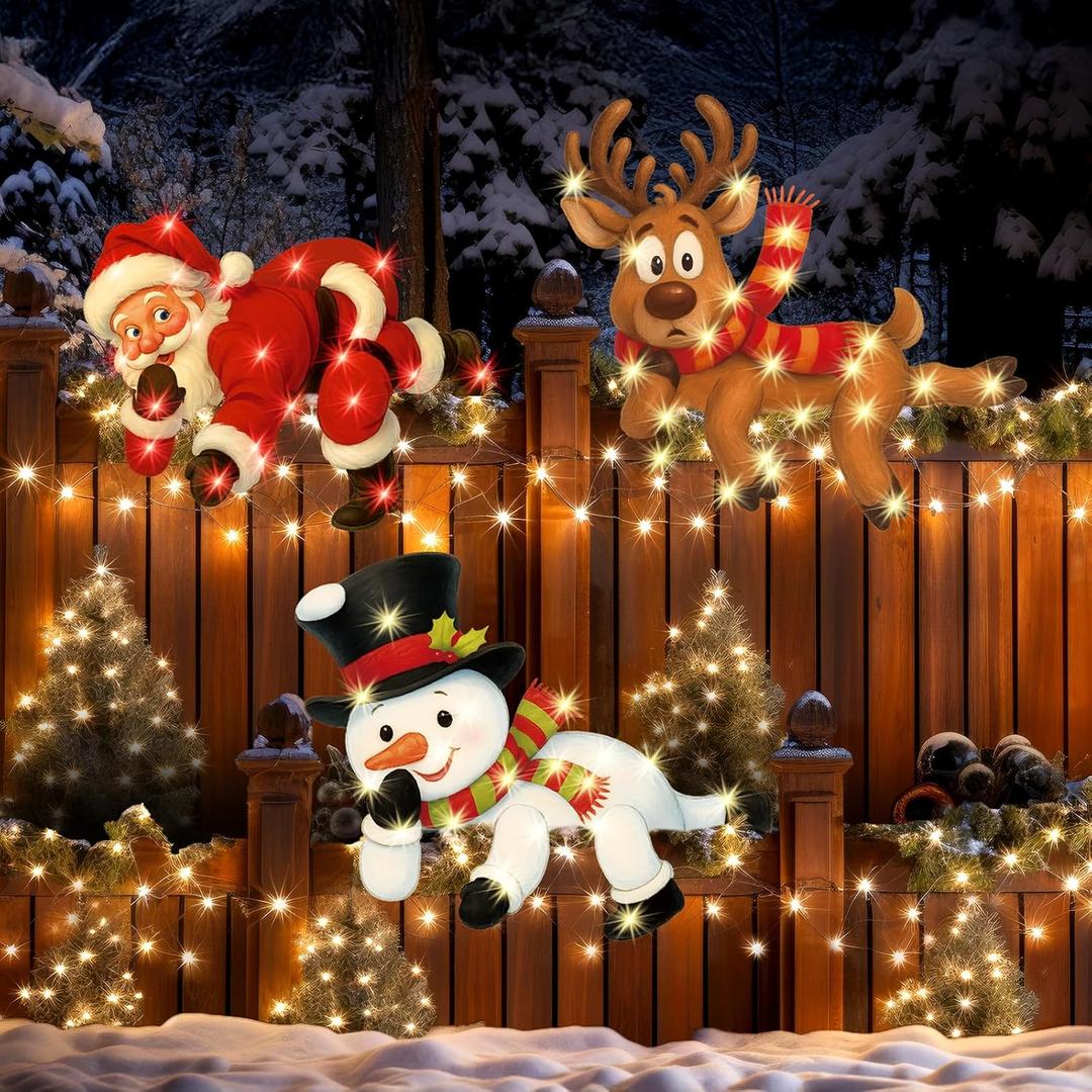 3 Pcs Christmas Fence Decorations Outdoor Light up Christmas Fence Peeker Decor with LED String Lights Sign Funny Xmas Yard Decoration for Wall Garden Lawn Xmas Decor Outside(Snowman)