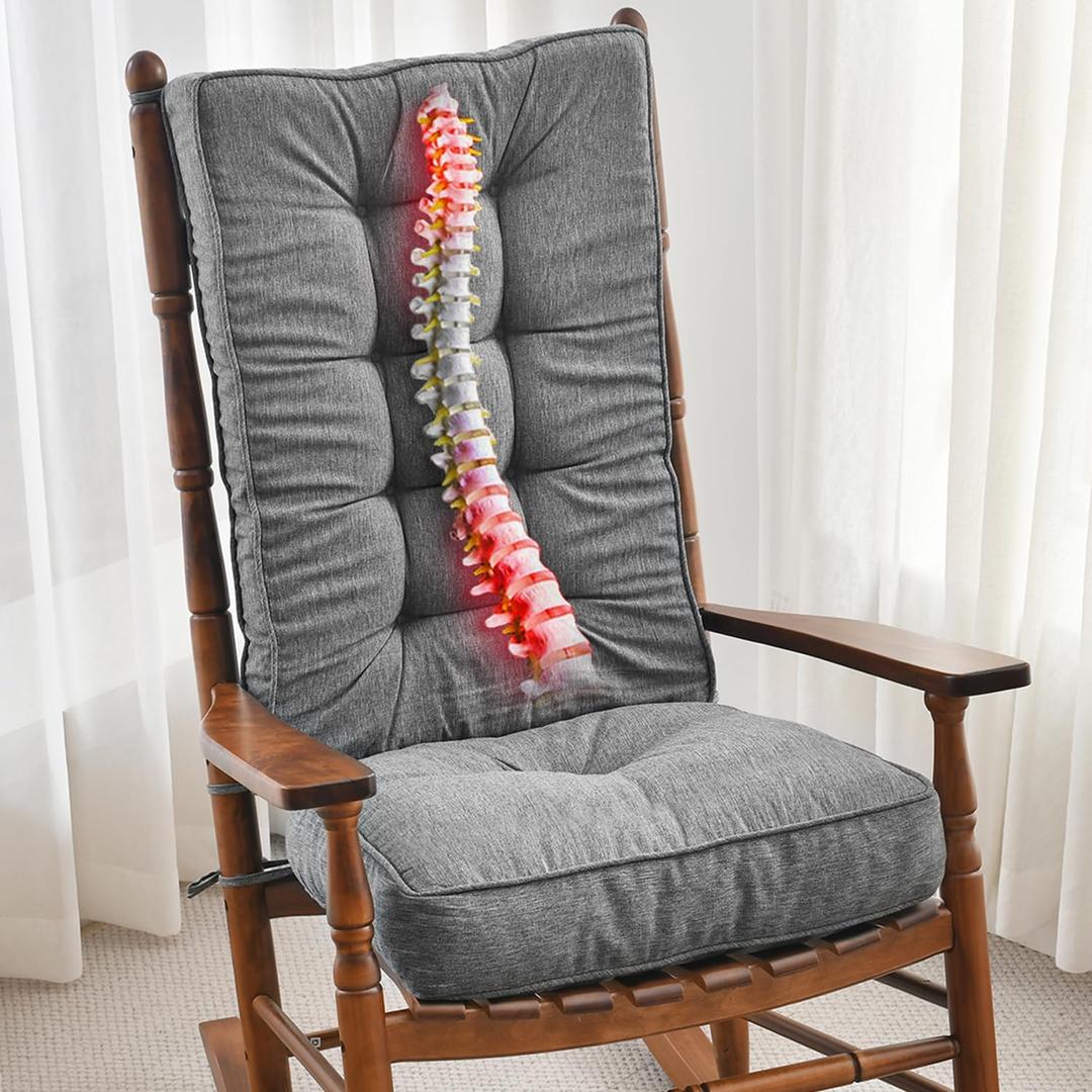 SUNROX Memory Foam Jumbo Rocking Chair Cushions, FadeShield Water Resistant Non Slip Durable Tufted Pads, Set of Seat & Back Cushion with Ties for Indoor/Outdoor Rocker, 2 Piece, Heather Charcoal