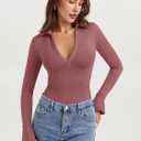 PINKMSTYLE Women Sexy V Neck Long Sleeve Bodysuit Slim Fit Ruched Going Out Y2K Top Flared Sleeve Collared Shirts Fall Outfit (S)