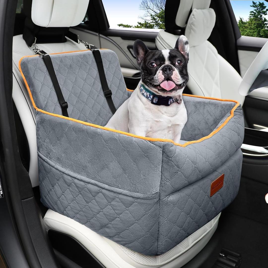 HEGGCOOE Dog Car Seat for Small Medium Dogs, Memory Foam Puppy Dog Booster Seat with Thick Cushion for Dogs Under 35lbs, Detachable Washable Pet Car Seat Travel Bed with Storage Pockets,2 Safety Belts (Gray)