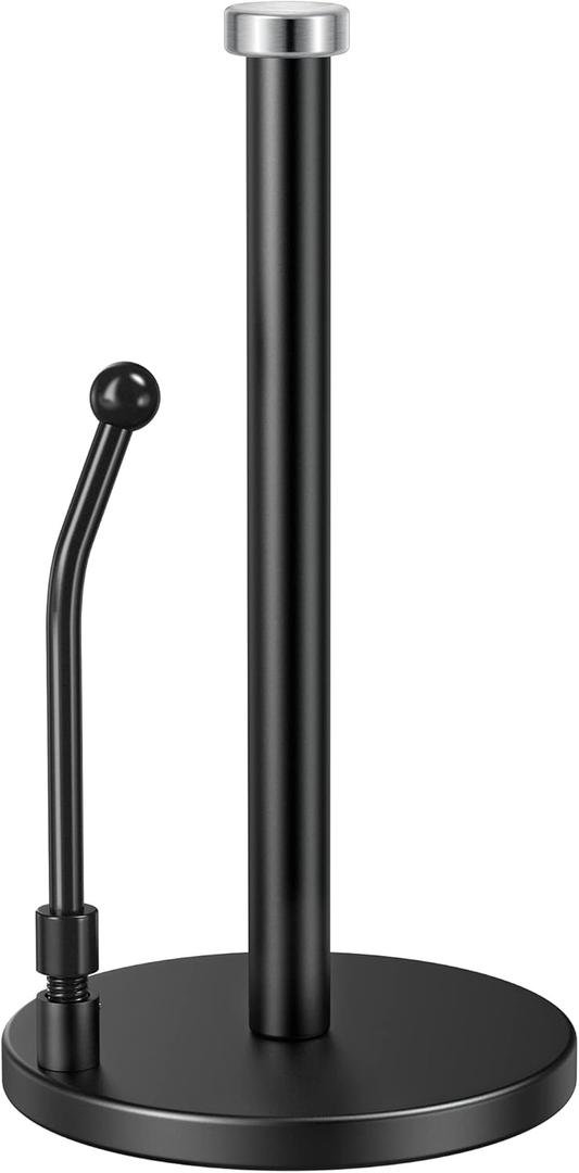 SMARTAKE Paper Towel Holder, Paper Towel Dispenser Standing Weighted Base Non Slip, Spring Arm Fit Most Size Paper Roll, Stainless Steel Paper Towel Holder for Home Kitchen Countertop Tabletop, Black