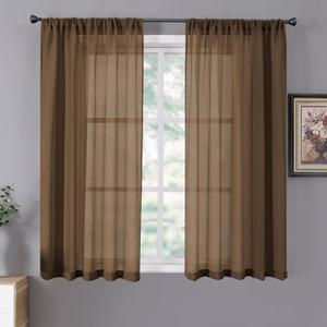 Tollpiz Short Sheer Curtains Linen Textured Bedroom Curtain Sheers Light Filtering Rod Pocket Voile Curtains for Living Room, 54 x 45 inches Long, Brown, Set of 2 Panels