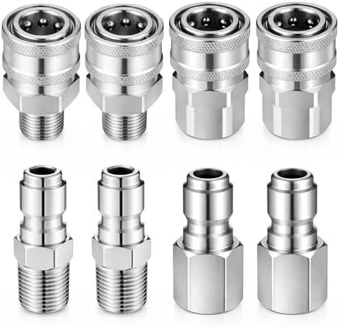 Xosjska Pressure Washer Quick Connect 3/8 Inch, Stainless Steel External Male and Female Quick Connector Kit, Stainless Steel Adapter Set, Female and Male NPT Thread, 4 Pcs