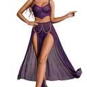 Avidlove Women Lingerie Babydoll Chemise 3 Piece Set Mesh Side Split Nightgown Purple, Large