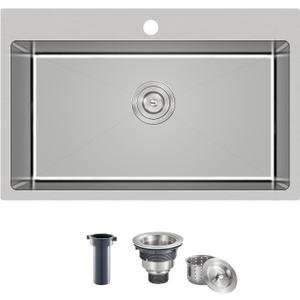 MENATT 30 inch Drop in Kitchen Sink, 304 Stainless Steel Single Bowl Topmount Kitchen Sink with 1 Hole, 9 inch Deep Single Bowl Sink, D30""xW18""xH9"", Brushed, OKL3018U-24