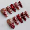 Red Press on Nails Heart Diamond Fake Nails with Cherry Design Bow Glue on Nail Glitter Medium Almond Stick on Nails Glossy Full Cover Acrylic Lip Print False Nail for Women Manicure 24Pcs