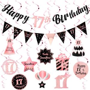 17th Birthday Decorations for Girls Rose Gold Pink Pre Assembled Happy Birthday Banner and Hanging Swirls 17 Years Old Party Decorations Supplies 17th Birthday Gifts for Girls