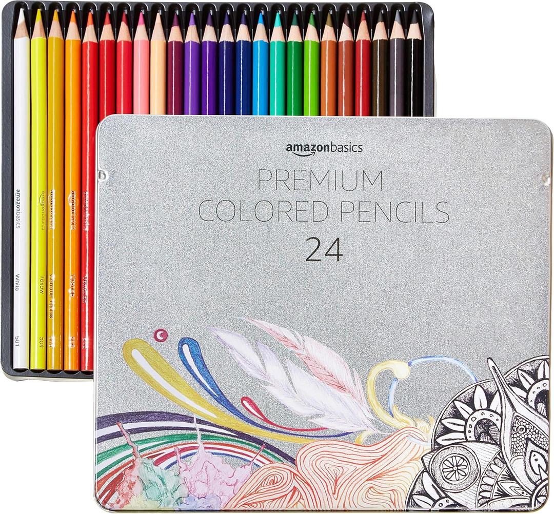 Amazon Basics Premium Colored Pencils for Coloring, Drawing and Shading, Soft Core with Rich Pigment, Pre-Sharpened, Tin Case, 24 Count, Multicolor