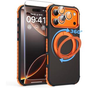 Magnetic Case for iPhone 17 Pro Max with Mag-Ring Holder Stand, [Screen Protector + Camera Lens Protector] [Military Grade Drop Protection] Translucent Matte Shockproof Phone Cover, Orange