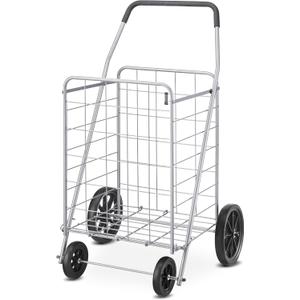 Whitmor Deluxe Utility Foldable Shopping Cart with Wheels, 100 Lb Capacity, Heavy Duty Grocery Cart with Steel Frame, Foam Handle, Rolling Folding Utility Trolley for Grocery, Laundry, Travel, Gray