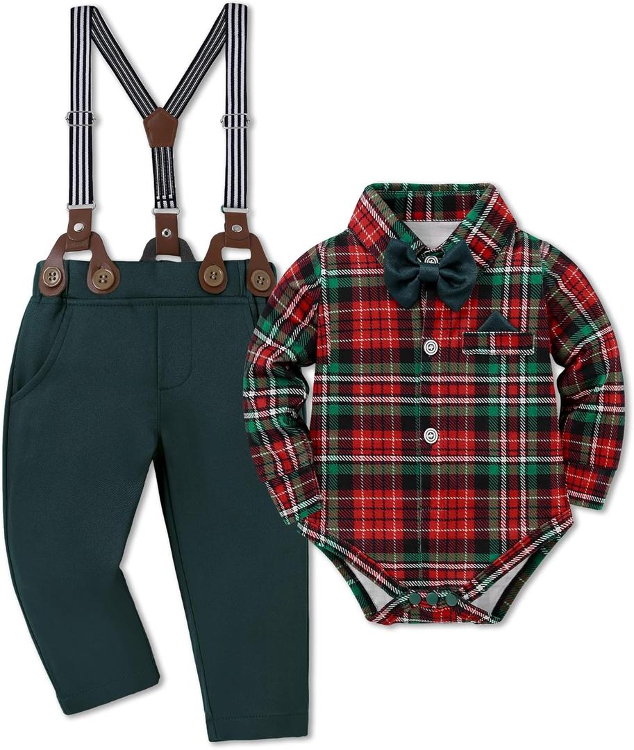 DISAUR Baby Boy Clothes Suits 4PCS Gentleman Outfit Dress Romper Beret Hat Suspender Pants Bow Tie Wedding Set (12-18 Months, Christmas)