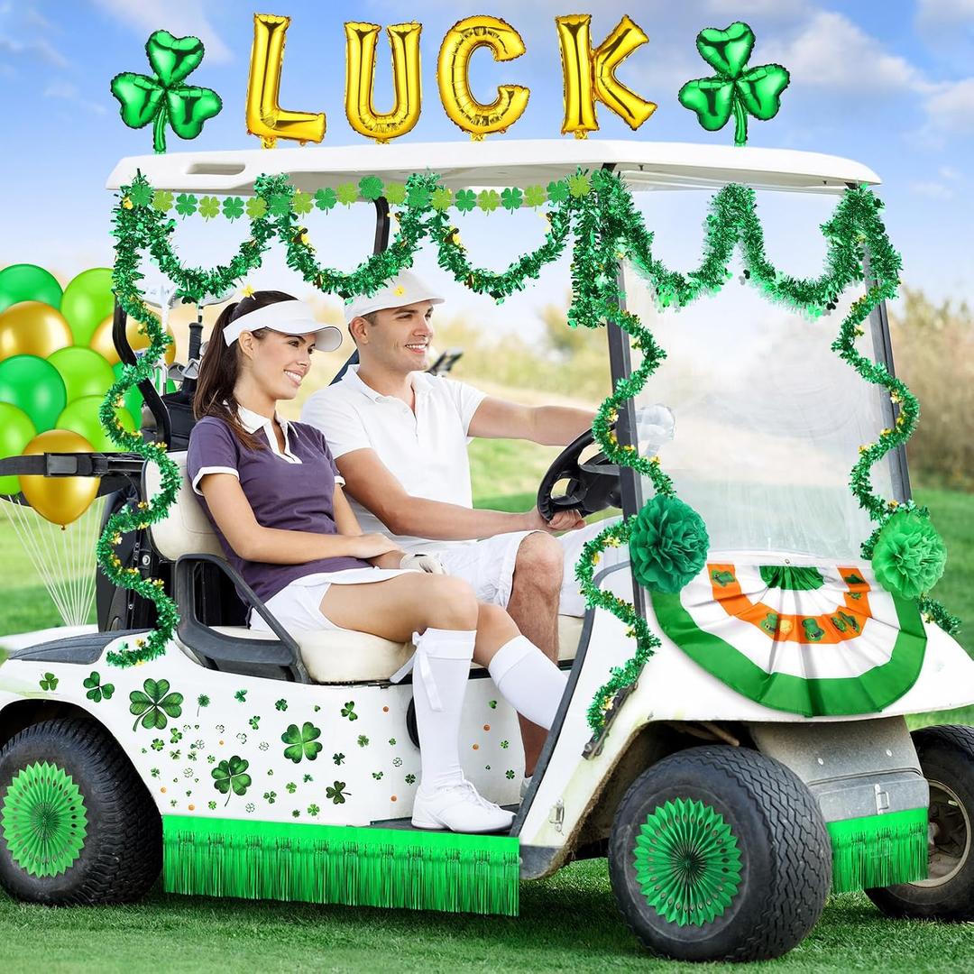 St Patricks Day Golf Cart Decorations Kit Tinsel Garlands Irish Flag Crepe Paper Streamers Balloons Banners Paper Fans Shamrock Clover Hanging for Golf Cart Irish Ireland Parade Party Decor