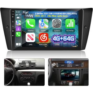 [4G+64G] Volxcereo Car Radio for BMW 3 Series 328i 335i 325i E90 E91 E92 E93 2005-2011, 9 inch Android Touchscreen Stereo with Carplay/Android Auto, GPS, WiFi, Bluetooth, SWC, FM/RDS