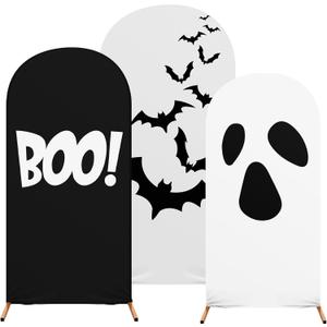 Set of 3 Halloween Arch Backdrop Covers, Boo Backdrops, Bat, Grimace, Ghost Party Stretch Backgrounds, 4ft, 5ft, 6ft
