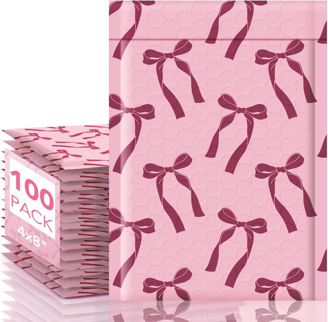 Fuxury Bubble Mailers 4x8 100 Pack, Pink Bows Cute Design Bubble Envelopes Usable Size 4x7",Strong Adhesion Pattern Padded Shipping Envelopes Thick Mailer for Mailing Jewelry, Makeup,Small items