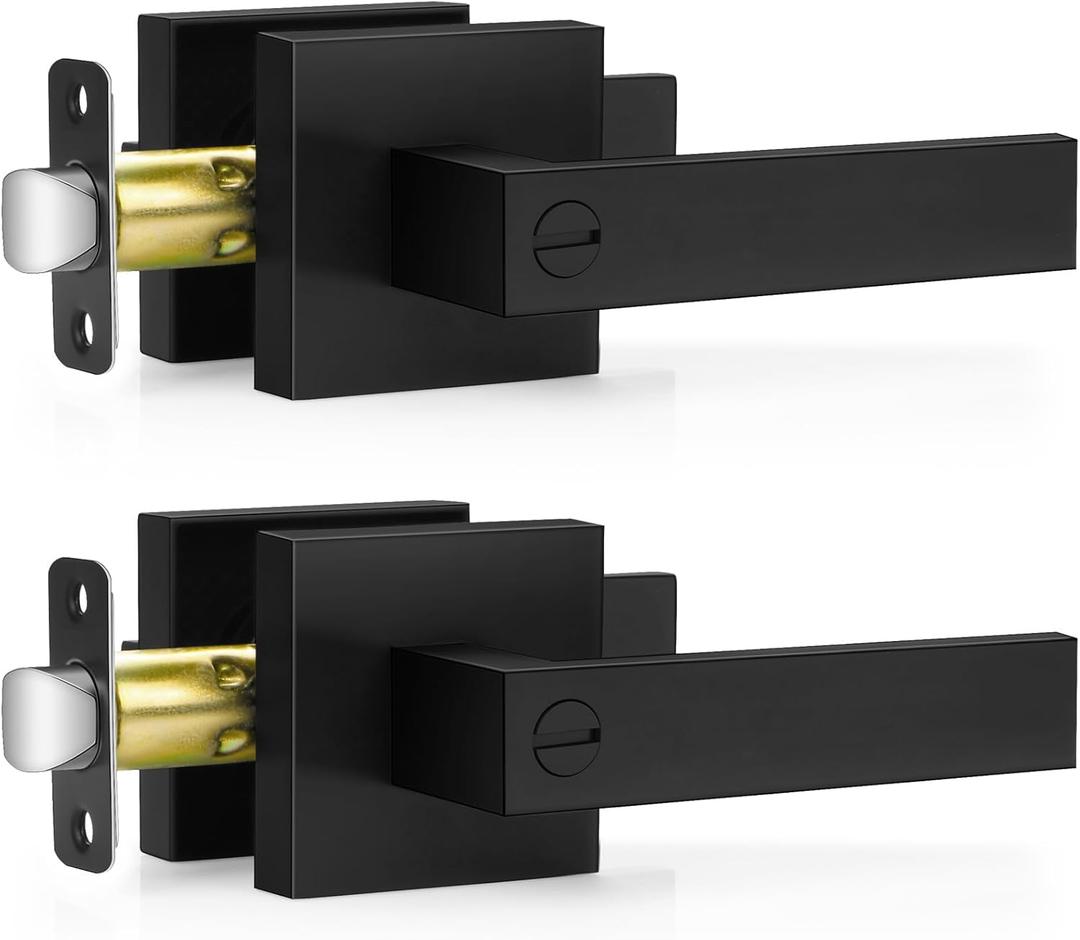 Plustool 2 Pack Matte Black Door Handles Interior, Keyless Interior Door Knobs, Privacy Door Locks for Bedroom Bathroom, Heavy Duty Square Door Lever Locksets, Reversible for Left&Right Handled Doors