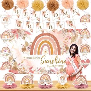 Pink Boho Baby Shower Decorations for Girl A Little Ray of Sunshine is Almost Here Boho Rainbow Welcome Baby Banner Backdrop Honeycomb Centerpiece Hanging Swirl Paper Pompoms Mom to Be Sash