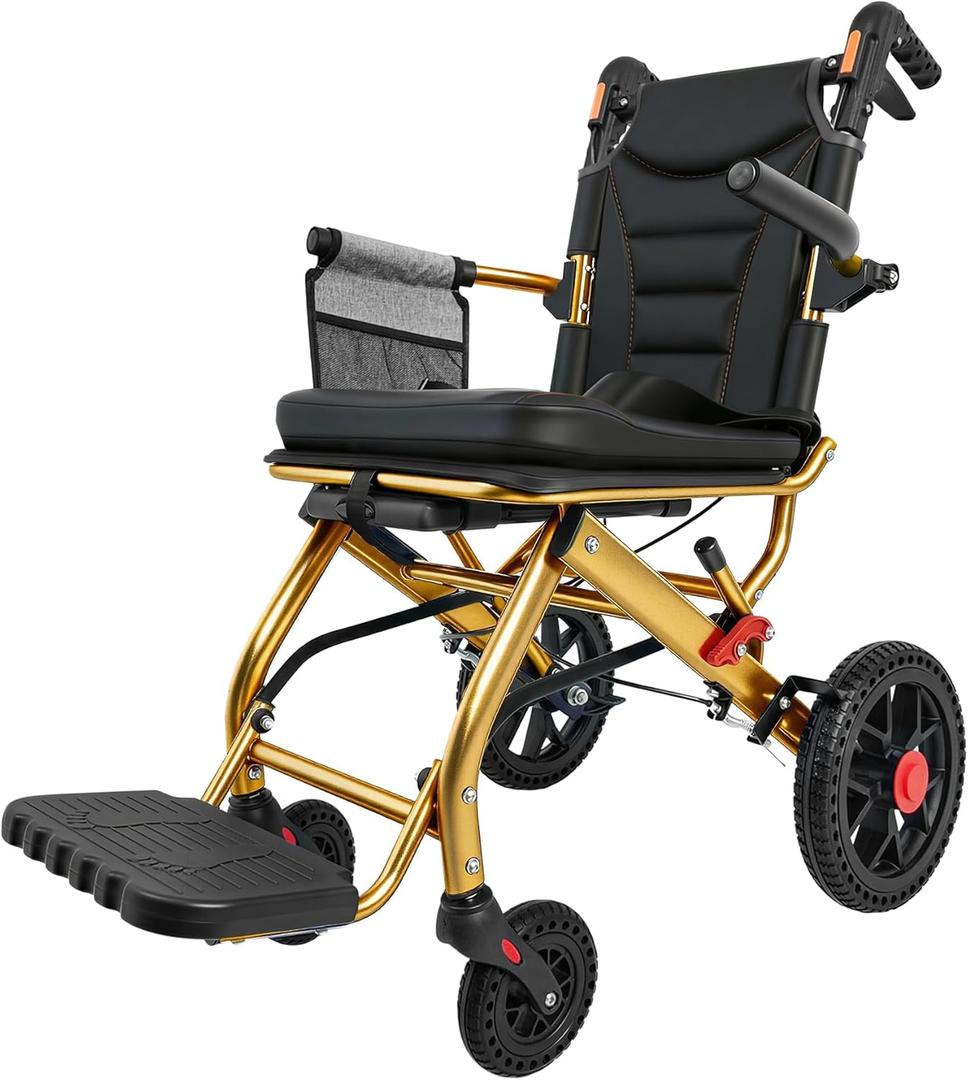Ultra Lightweight Folding Transport Wheelchair for Seniors & Adults, Gold | Portable Chair, 12" PU Rear Wheels, Supports 300lbs, Compact for Daily Use & Travel
