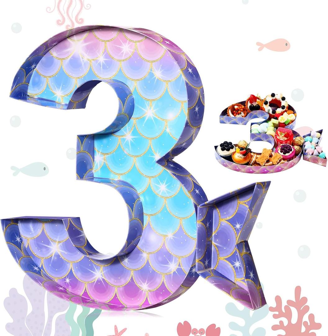 Mifoci 13.7''h Numbers 3 Mermaid Cardboard Box with Tail for Charcuterie Mermaid Birthday Party Decor 3rd Number Shaped Box Scale Fillable Paper Mache Tray for Party