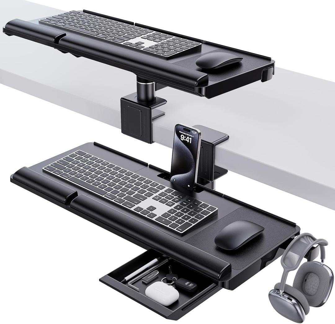 Klearlook Upgraded Adjustable Keyboard Tray for Above Desk & Under Desk Use  Ergonomic SitStand Keyboard Riser with 360° Rotation, 24.4"×10" Keyboard Stand with Wrist Rest & Storage Drawer  Black