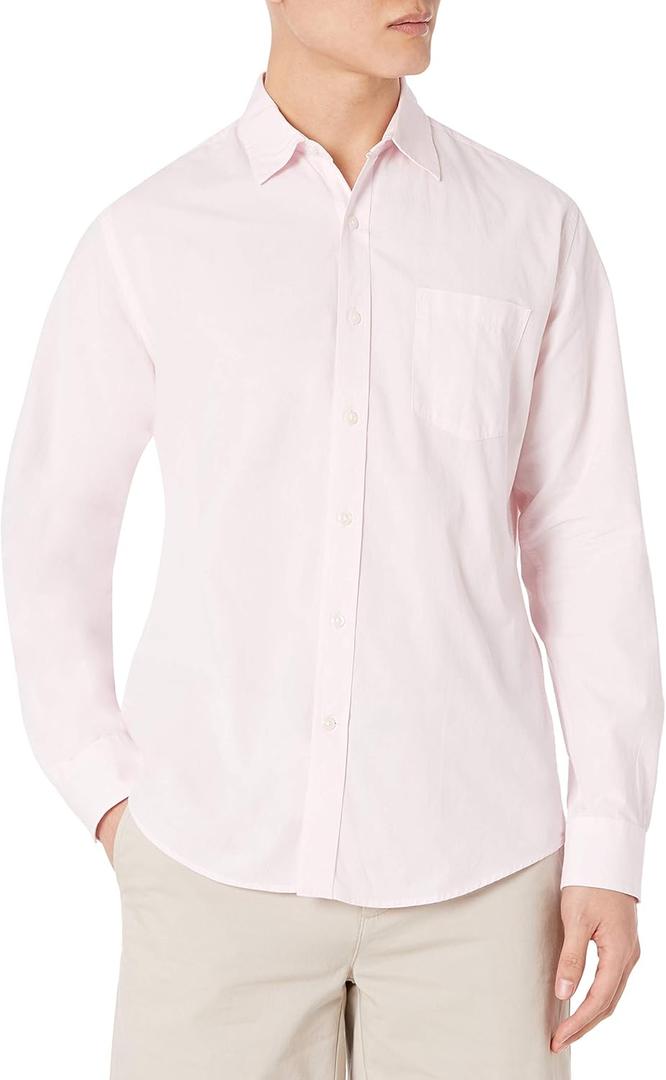 Amazon Essentials Men's Long-Sleeve Regular-fit Stretch Poplin Shirt (Medium, Pink)