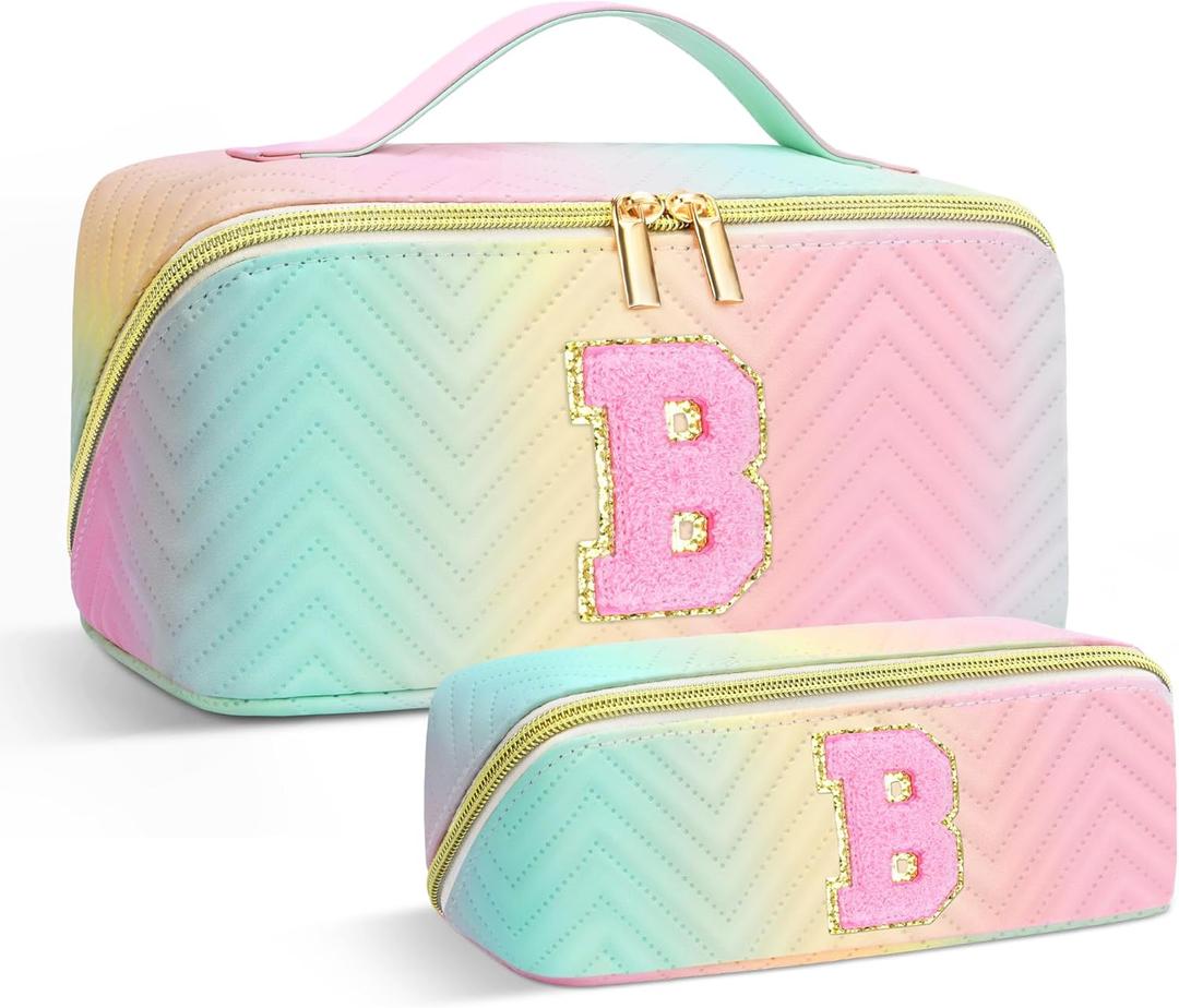 Personalized Initial Travel Makeup Bag | Trendy Girls Make up bags, Large Capacity Colorful Cosmetic Bag Organizer for Women, Leather Waterproof Open Flat Toiletry Bags for Teen friends Gifts - B