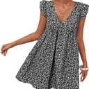 Women Boho Floral Summer Dresses Casual Backless V Neck Mini Dress Ruffle Beach Sundress (Medium, Black)