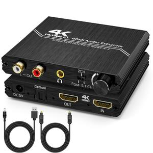 Tendak HDMI Audio Extractor, 4K HDMI to Optical SPDIF + 3.5mm Stereo + RCA L/R Audio Adapter Converter with Volume Control Support 4K@60Hz HDCP 2.2 HDR 3D YUV 4:4:4