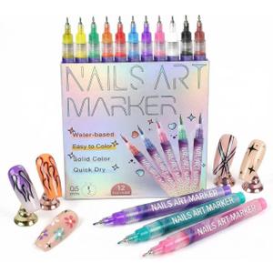 12 Colors Nail Art Pens Set, 0.5mm Ultra Fine Tip Nail Polish Markers for DIY Nail Design, Acrylic Nail Paint Pens for Nails, Paper, Crafts, Professional & Home Use
