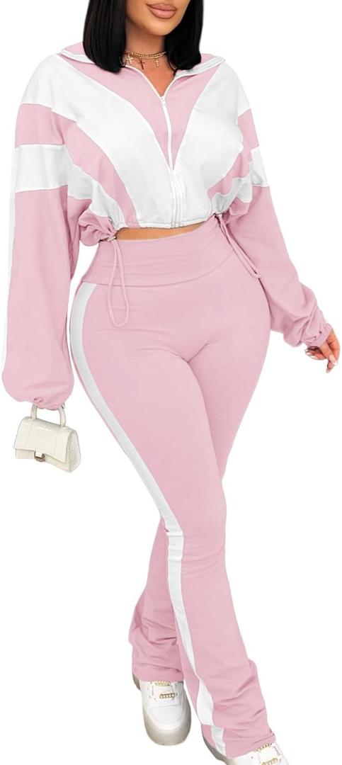 Vssjavun Women 2 Piece Outfit Color Block Long Sleeve Zip Drawstring Cropped Jacket Bodycon Long Pants Set Sweatsuit (XX-Large, Pink)