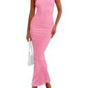 PRETTYGARDEN Women Rib Knit Long Dress Off Shoulder Strapless Tube Top Maxi Bodycon Dresses (Pink,Small)