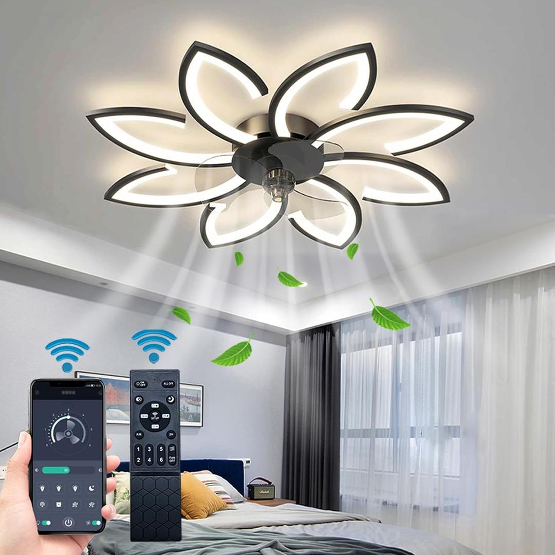 35'' Bladeless Ceiling Fan with Lights Remote Control, Modern Low Profile Ceiling Fans with Lights, Dimmable 3 Color 6 Speeds Flush Mount LED Ceiling Fan for Bedroom, Living Room - Black