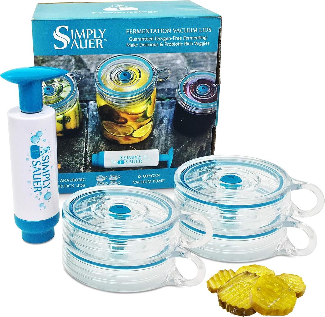 Simply Sauer Fermentation Airlock Bundle Kit - Fits Wide Mouth Mason Jars - Supplies Include Airlocks, Pump (4 Lids + Pump)