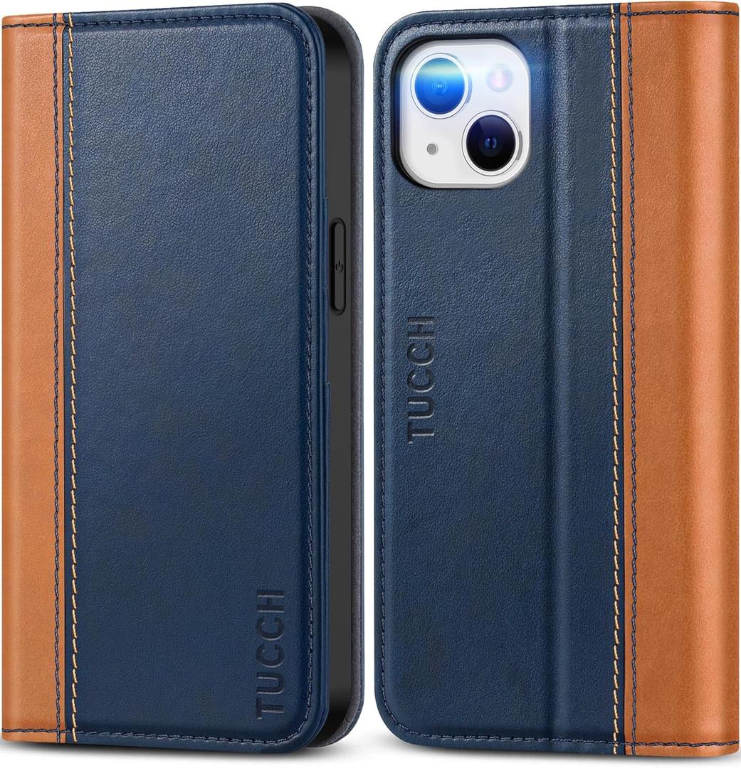 TUCCH Case for iPhone 13 Wallet Case 5G, [Card Holder] Slots Folio PU Leather Cover, Kickstand Flip Case with [TPU Shockproof Interior Case] Compatible with iPhone 13 6.1-inch 2021, Brown & Dark Blue