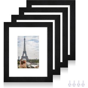 Hongkee 8x10 Picture Frame Set of 4, Made of Real Glass and Rustic Black Wooden Frame, 8 by 10 Photo for Wall or Tabletop - Display Picture 5x7 with Mat or 8x10 Without Mat