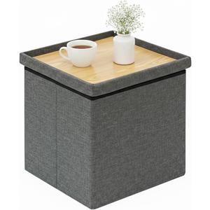 Square Storage Ottoman with Tray Top, Small Linen Fabric Ottoman Cube Coffee Table with Storage, 16" Folding Footrest for Living Room, Dorm, Bedroom, Grey