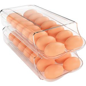 theaoo Egg Holder for Fridge, Automatic Rolling Egg Container for Refrigerator, Clear Plastic Egg Dispenser, Stackable Eggs Organizer with Quick Removable inner Tray For Organizers and Storage, 2Pack