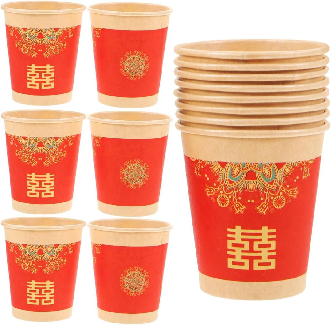 50 Pcs Disposable Paper Cups,Disposable Coffee Cups,Chinese Hot Paper Coffee CupsWedding Tea CupChinese Style Tea CupDrinking Cups for Valentines Day Wedding PartyEspresso Cups