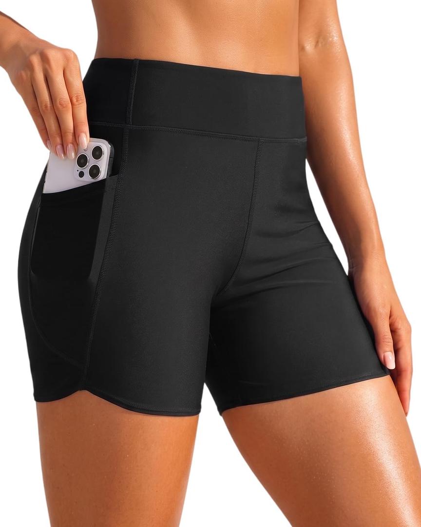 Daci Women High Waisted Swim Shorts - 3"/5"/7" Bathing Suit Short with Pockets Liner Tummy Control Swimsuit Bottom Boy Short (XX-Large, Black)