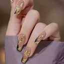 Press on Nails Medium Square Fake Nails Gold Rose Flowers Acrylic Nails Black French Tip False Nails Press ons with Design Cat Eye Glue on Artificial Nail for Women Manicure 24Pcs (Style 9)